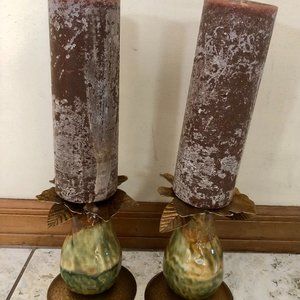 Bombay Company Large 6.5” Glazed Ceramic Metal Pear Candle Holder +9" Candle New